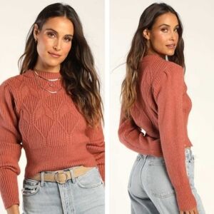 EUC  Lulu'sTerracota Cable Knit Dark Orange Cropped Crew Neck Sweater Size XS